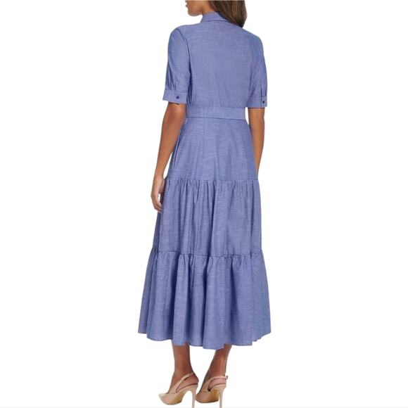CALVIN KLEIN Women's Chambray Cotton Tie-Waist Button Front Shirtdress Size 8 Ne - Picture 2 of 10